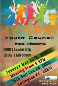 Youth Council Information meeting 5/30/17 from 5-6 in Lexington, KY For more information contact Ian Rosser by phone at (859) 878-0560 or by email at ian@kyspin.com