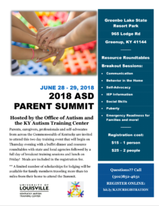 Parents, caregivers, professionals and self-advocates from across the Commonwealth of Kentucky are invited to attend this two day training event that will begin on Thursday evening with a buffet dinner and resource roundtables with state and local agencies followed by a full day of breakout training sessions and lunch on Friday! Meals are included in the registration fee. ** A limited number of scholarships for lodging will be available for family members traveling more than 60 miles from their home to attend the Summit. Greenbo Lake State Resort Park 965 Lodge Rd Greenup, KY 41144 ──── Resource Roundtables Breakout Sessions:  Communication  Behavior in the Home  Self-Advocacy  IEP Information  Social Skills  Puberty  Emergency Readiness for Families and more! ──── Registration cost: $15 – 1 person $25 – 2 people Questions?? Call (502)852-4631 REGISTER ONLINE: bit.ly/KATCREGISTRATION