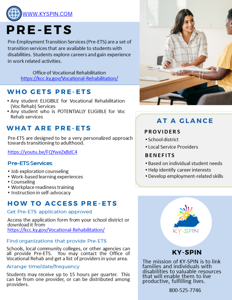 KY-SPIN's Pre-Employment Transition Services (Pre-ETS) Infosheet