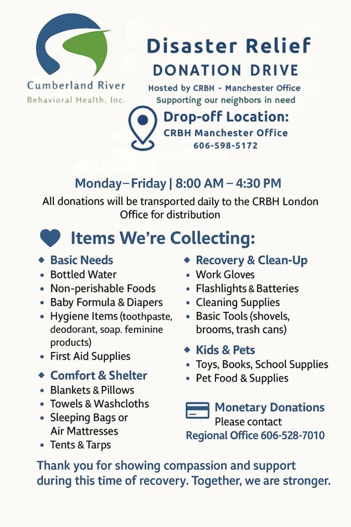 Cumberland River Behavioral Health & Cumberland Valley RIAC:
Disaster Relief Donation Drive